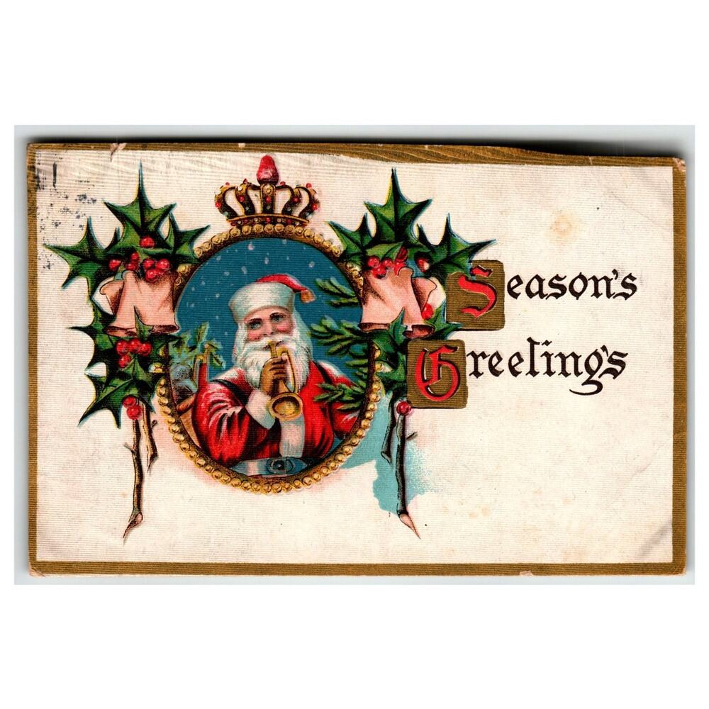 Vintage 1913 Embossed Santa Claus Trumpet Christmas Postcard Season's Greetings
